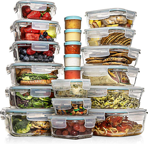 Conjunto Razab 35 piezas, contenedores de vidrio con tapas herméticas para conservar alimentos.