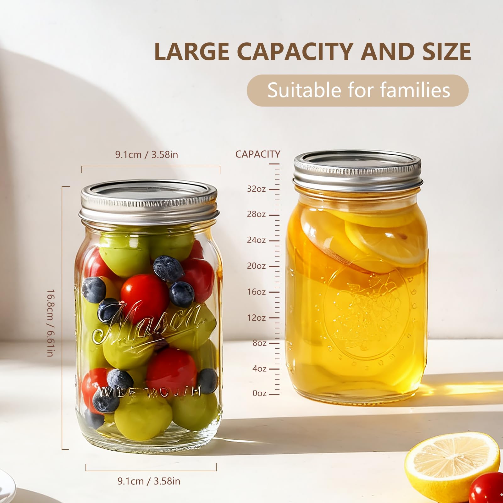 Frasco Mason 32oz con marcaciones de medidas para porciones.