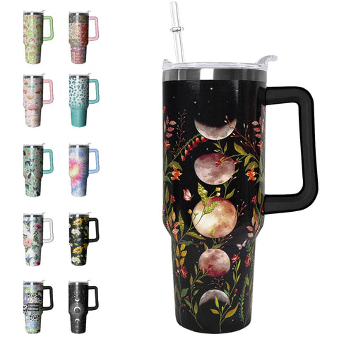 Rcvlauf vaso térmico gótico con arte lunar floral, ideal para ritual de café con estilo gótico.