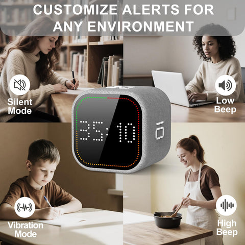 REACHER cubo pomodoro modos alarma ofrecen opciones suaves o sonoras.