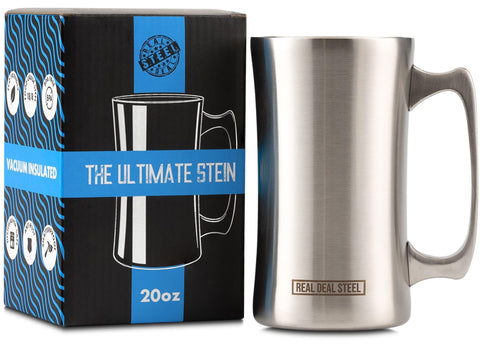 Real Deal Steel vaso cervecero aislado con mango resistente, ideal para fiestas.