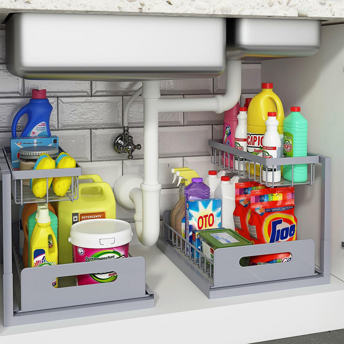REALINN Organizador-bajo-fregadero doble deslizante para optimizar el espacio.