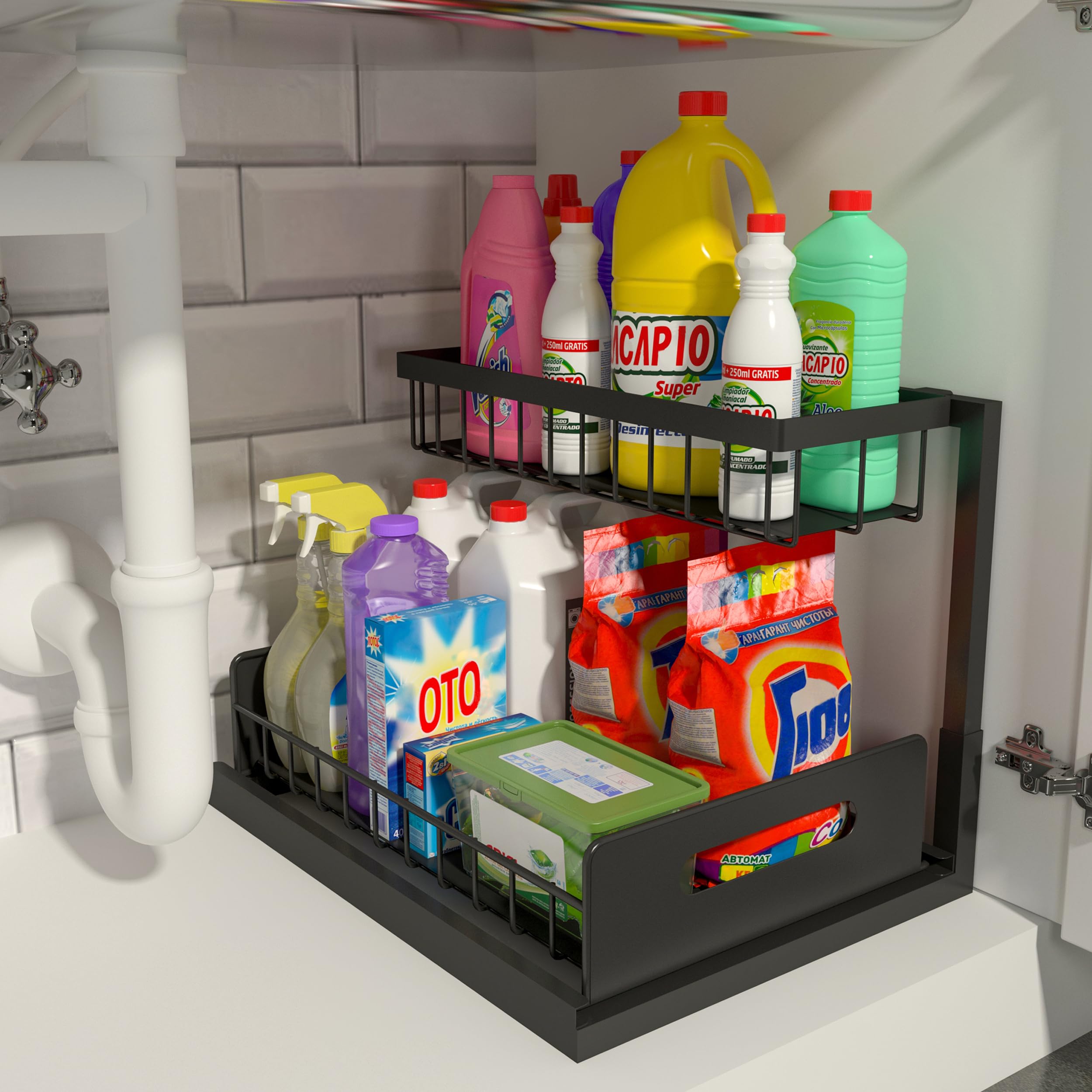 Realinn organizador bajo fregadero, dos niveles, optimiza espacio alrededor de la plomería.