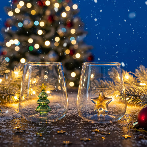 Copa de vino sin tallo Reallnaive con árbol navideño para cenas festivas.