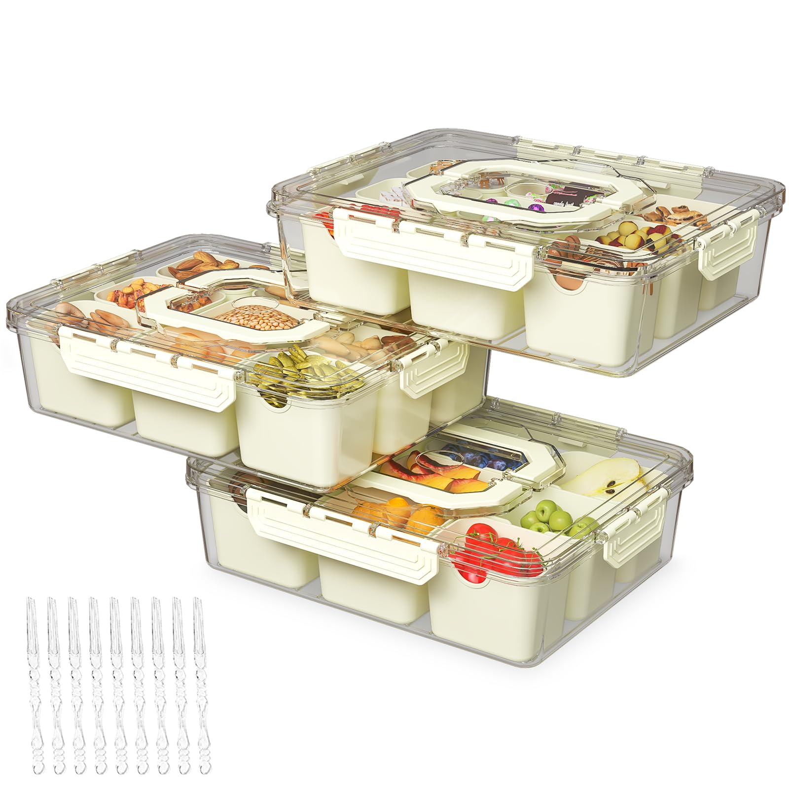 Bandeja REBECAT dividida con tapa mostrando nueve compartimentos para aperitivos.