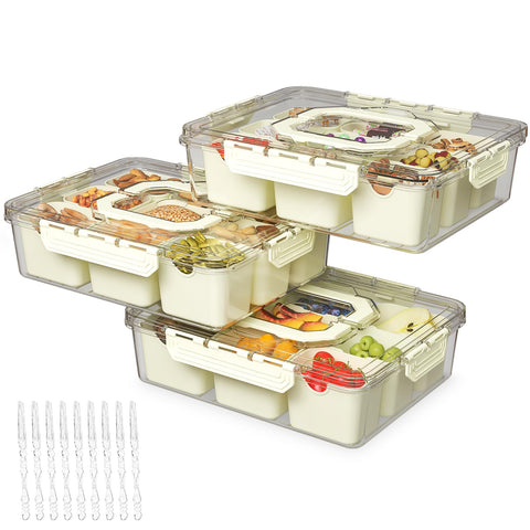 Bandeja REBECAT dividida con tapa mostrando nueve compartimentos para aperitivos.