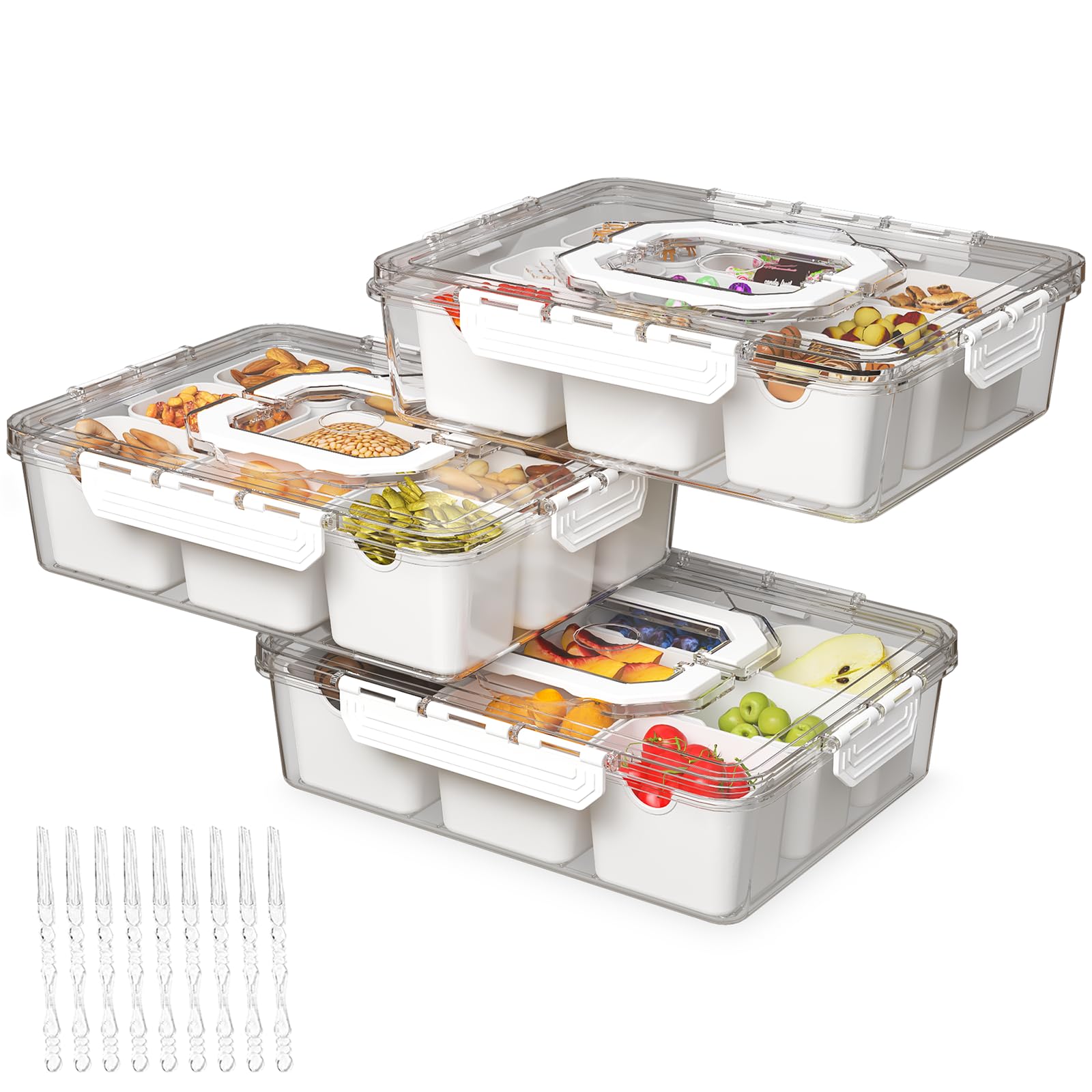 Bandeja REBECAT dividida con tapa y nueve compartimentos para ordenar aperitivos.