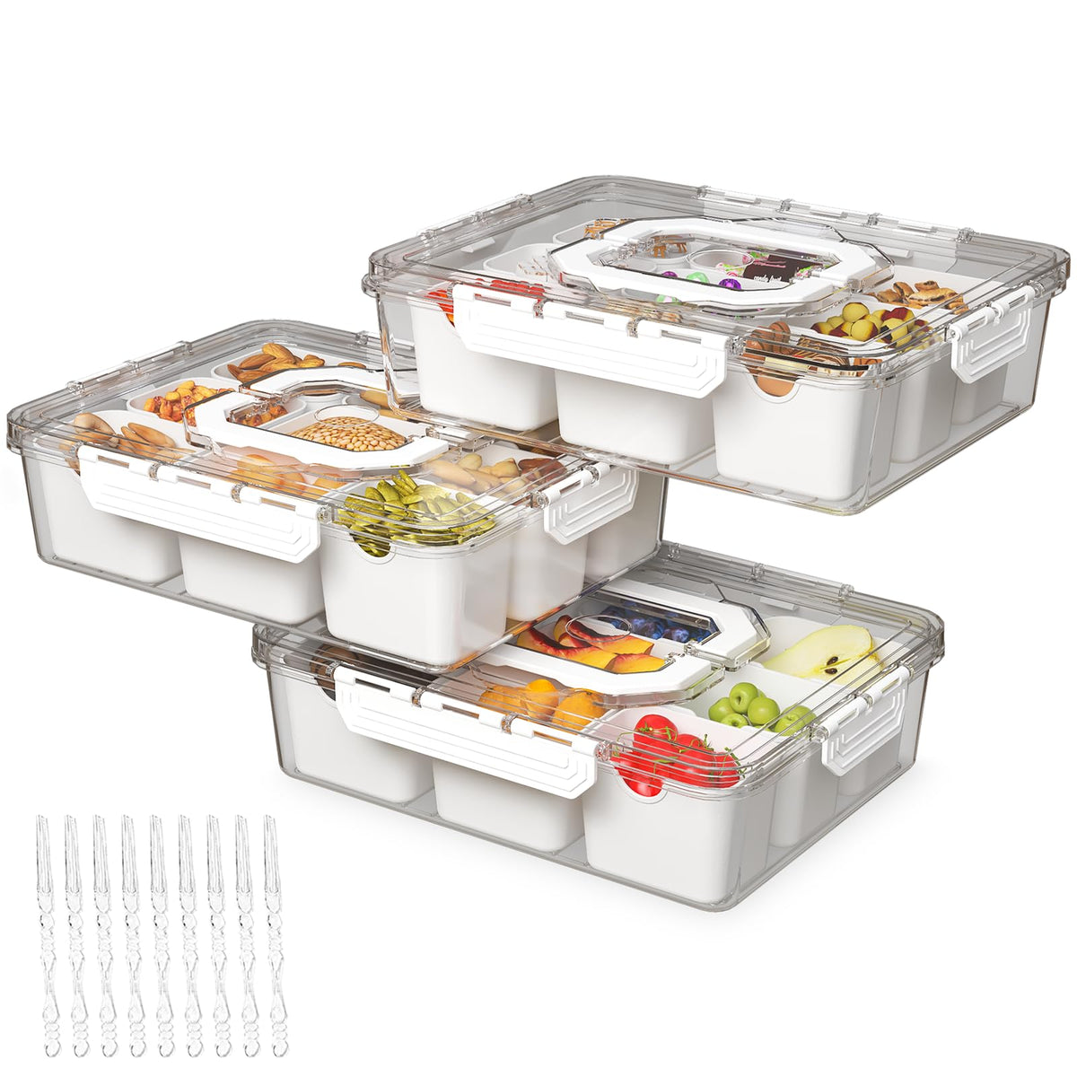Bandeja REBECAT dividida con tapa y nueve compartimentos para ordenar aperitivos.