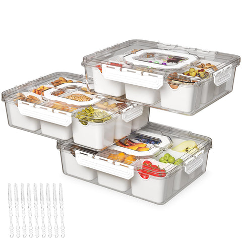 Bandeja REBECAT dividida con tapa y nueve compartimentos para ordenar aperitivos.