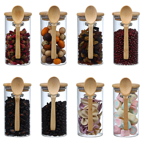 Recceng frascos vidrio 10 oz con cuchara integrada y tapa bambú para almacenamiento seguro
