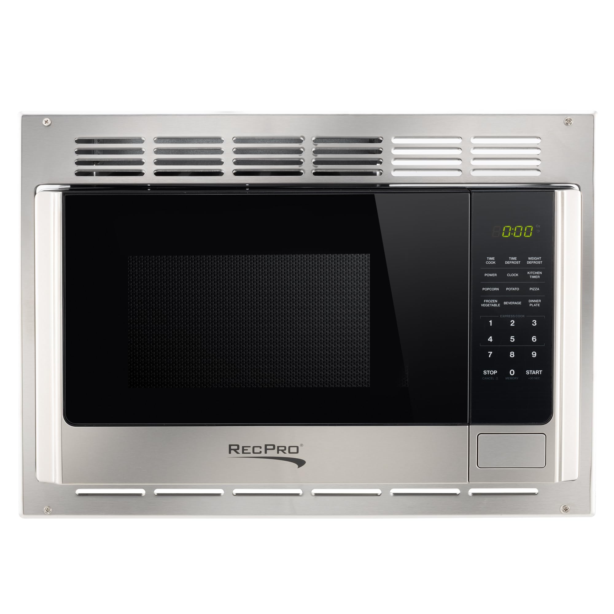 RecPro microondas RV acabado en acero o negro para estilo versátil.