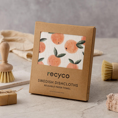 RECYCO paño sueco hojas durazno tamaño 8x7 pulgadas para superficies variadas.
