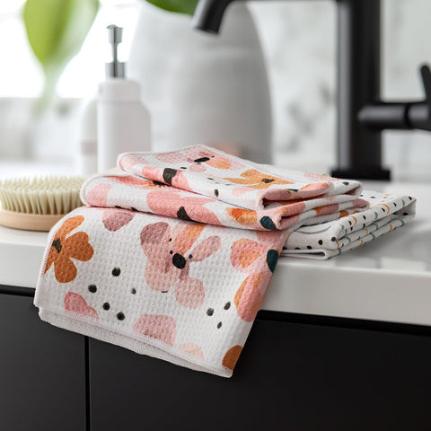 RECYCO Waffle Blossom Breeze: vista frontal del set para uso diario y secado rápido.