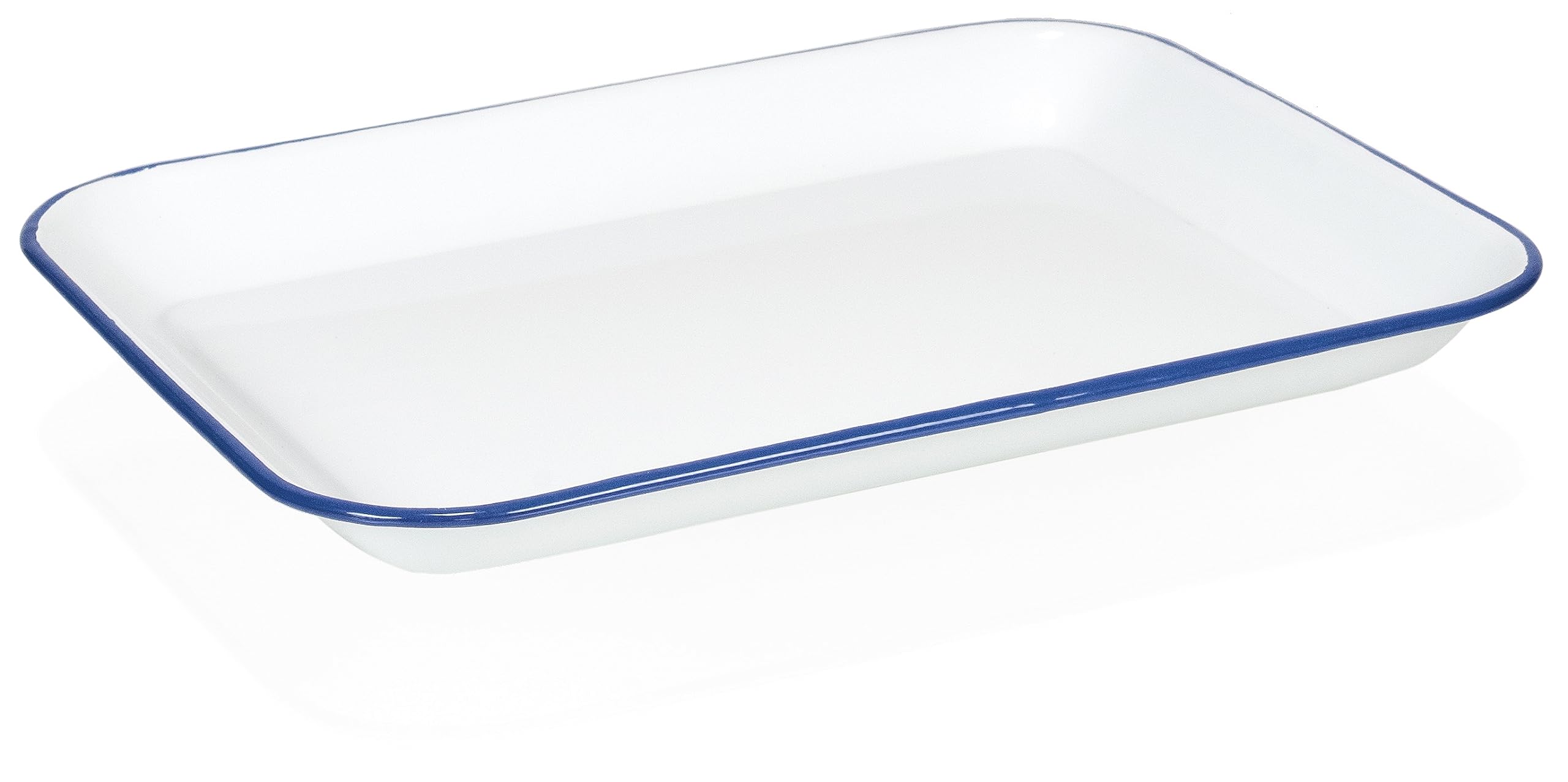 red co bandeja rectangular esmaltada blanca con margen azul, perfecta para servir en mesa