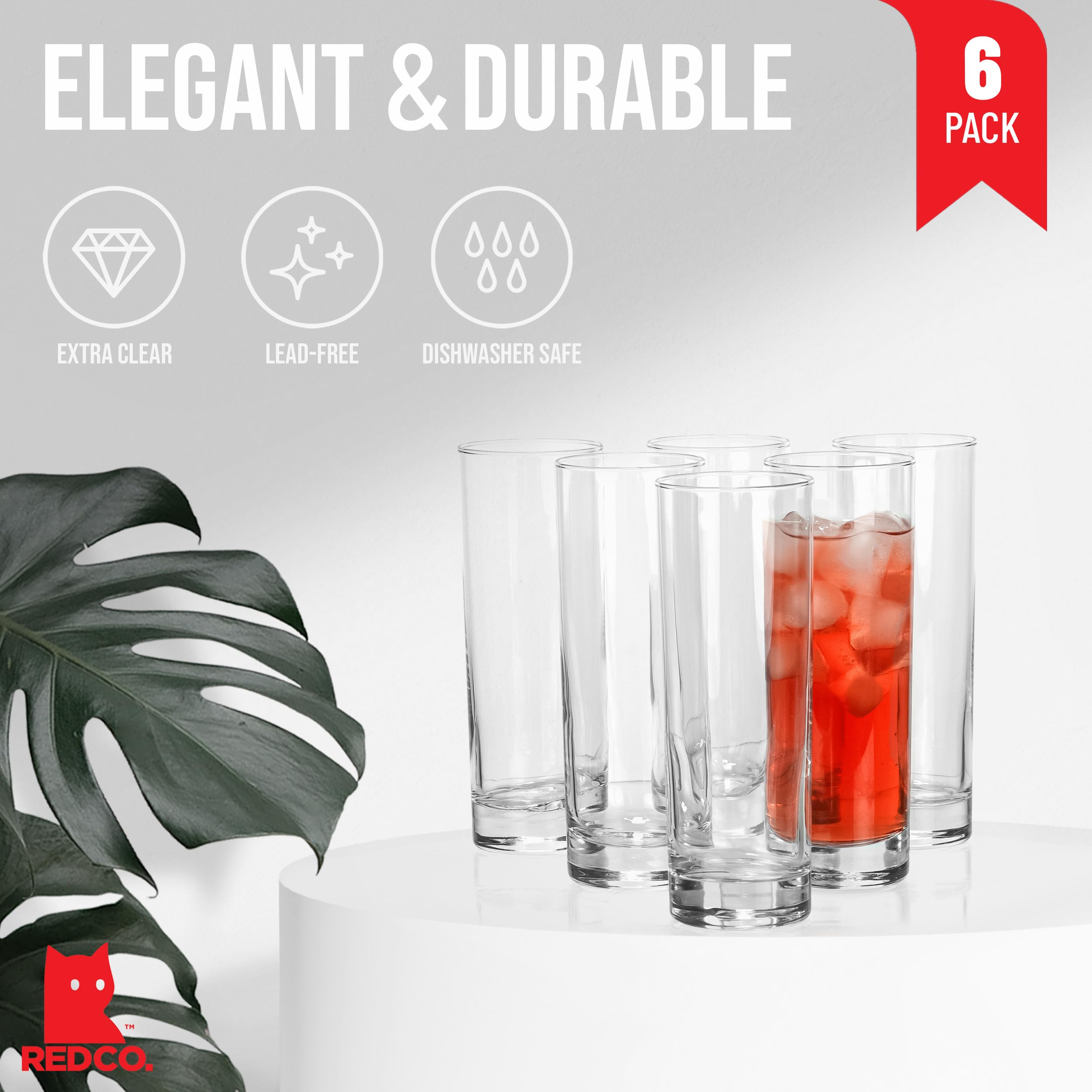 Vaso Red Co Collins Slim en mesa, perfecto para limonadas y refrescos.