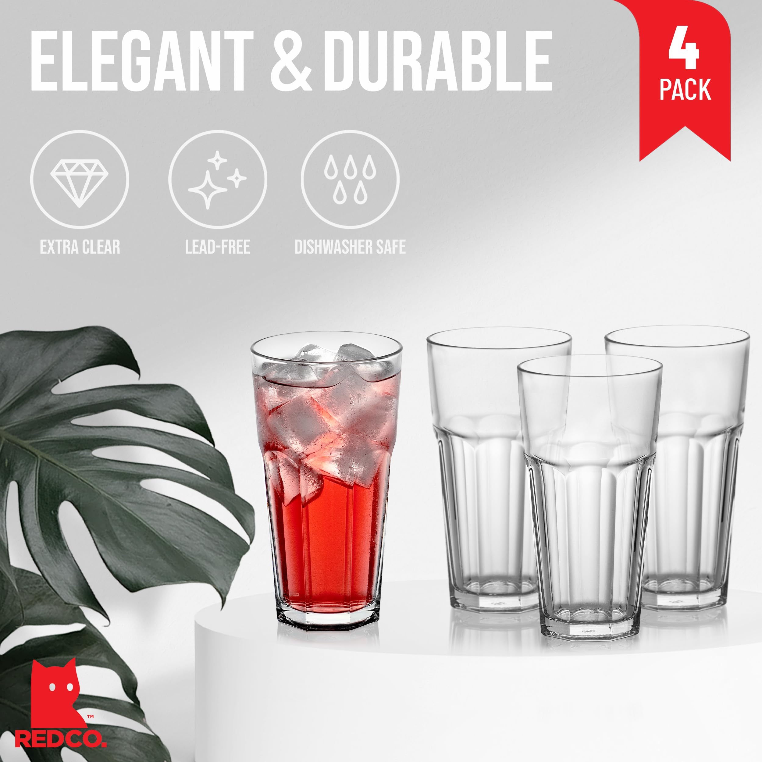 Vaso alto Red Co. con cristal facetado para presentaciones elegantes.