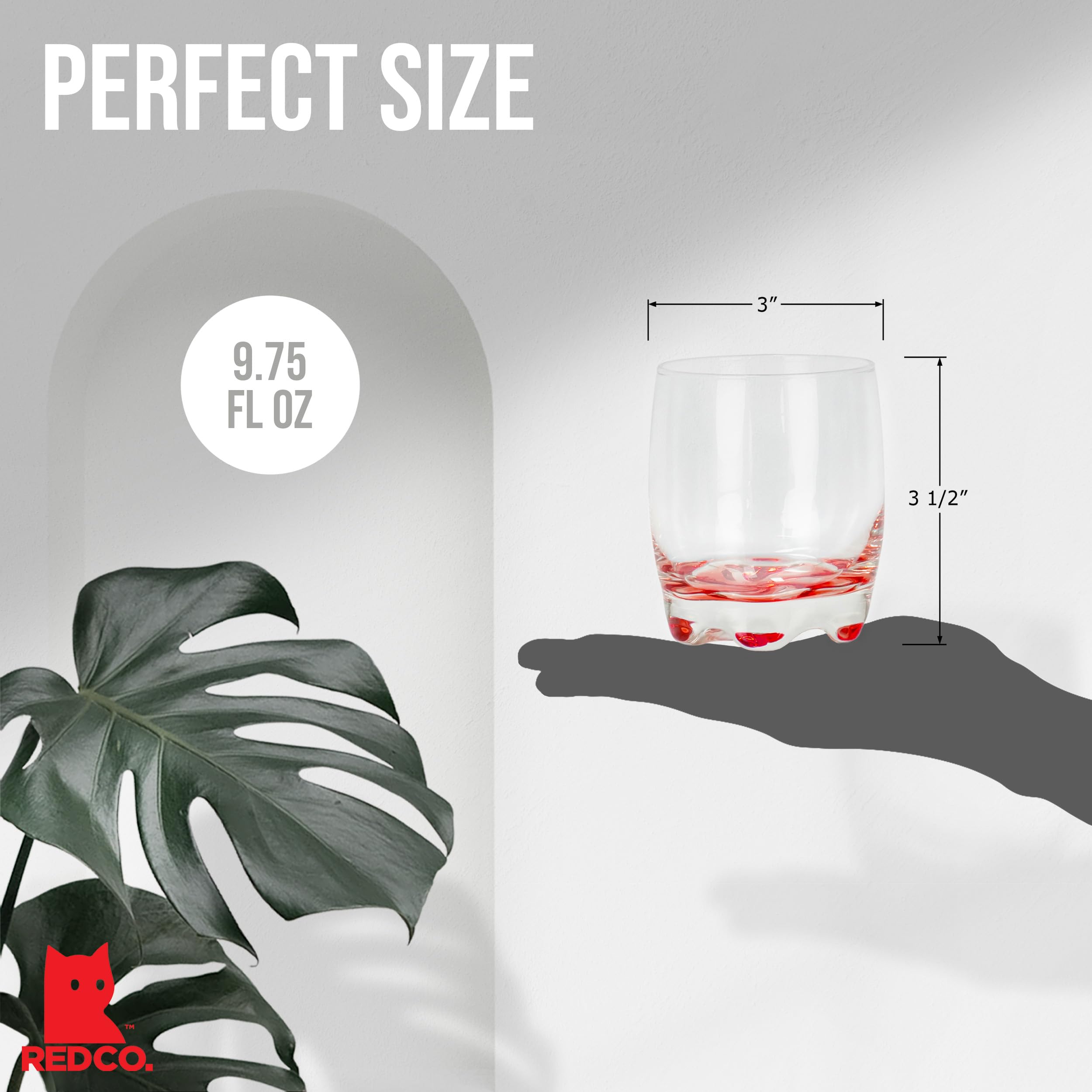 Vaso Red Co. Splash Vibrante para zumos; colores en la base ayudan a identificar sabores.