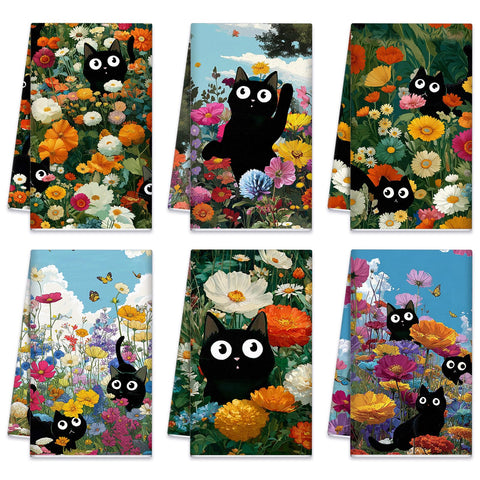 Toalla Redbaker con gato negro y flores retro para secar y decorar.