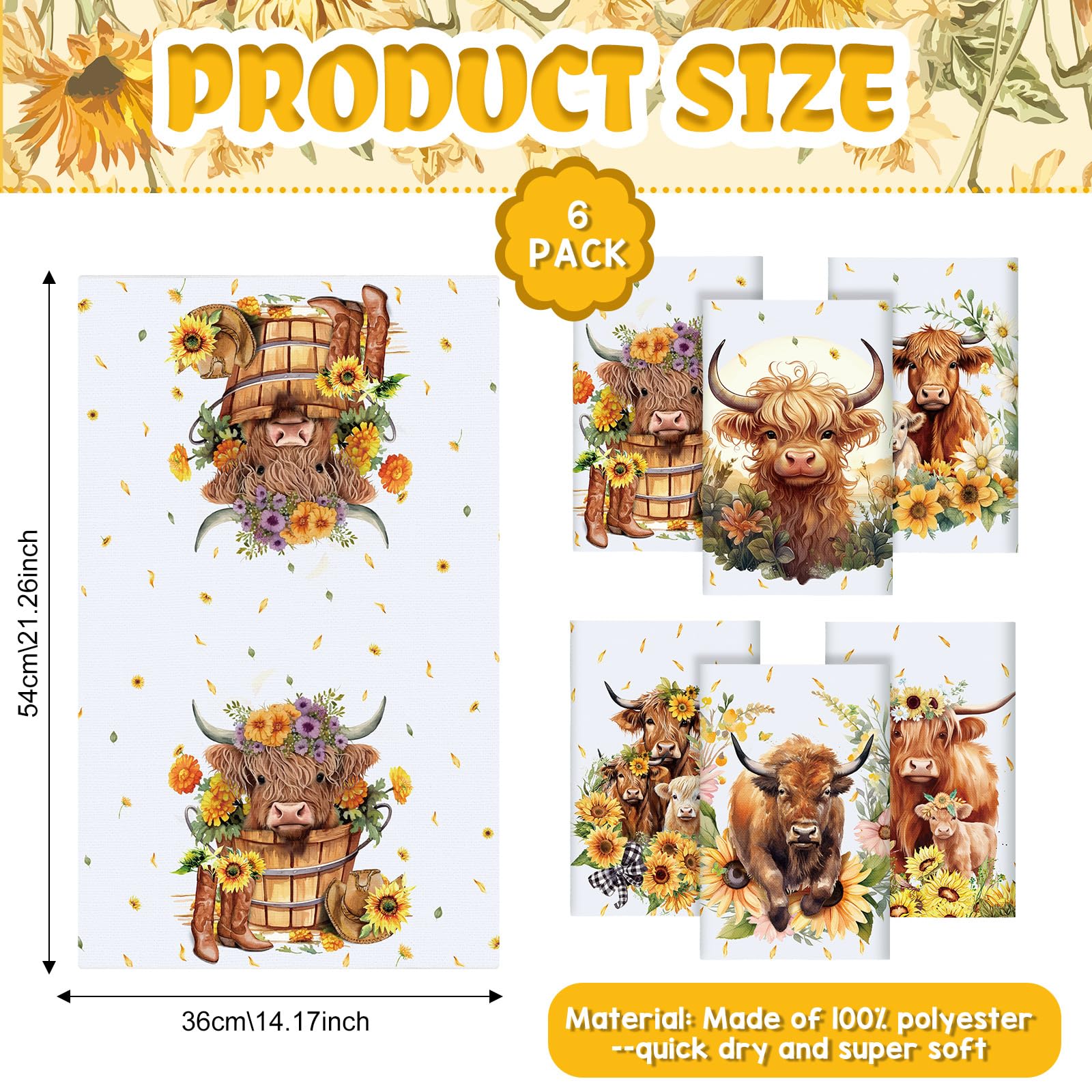 Redbaker toallas de cocina Highland Cattle con diseño floral amarillo para ambiente cálido.