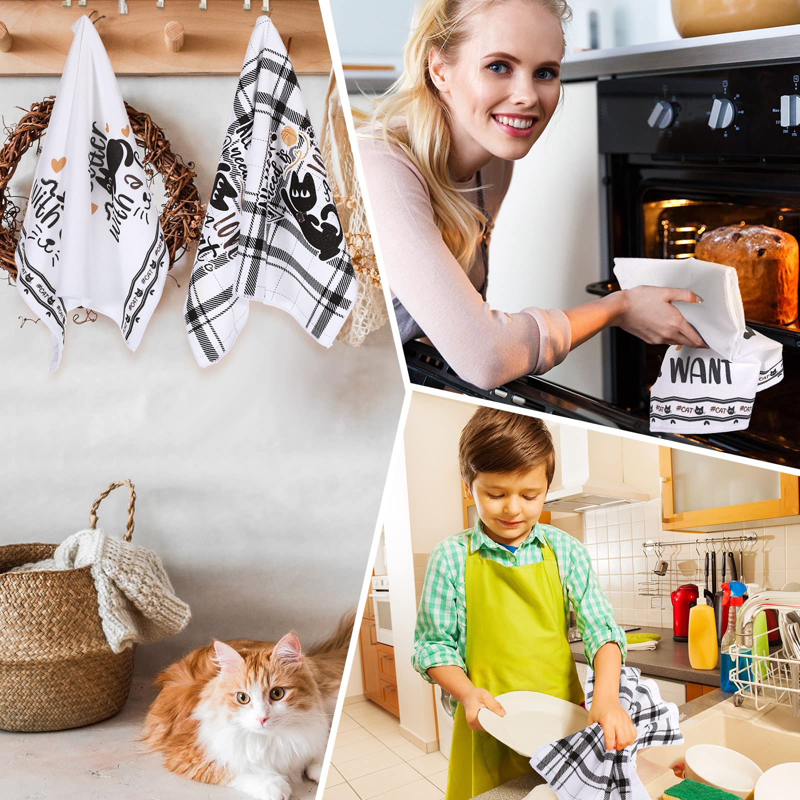 Toallas Redbaker con gato negro, útiles en cocinas y baños.