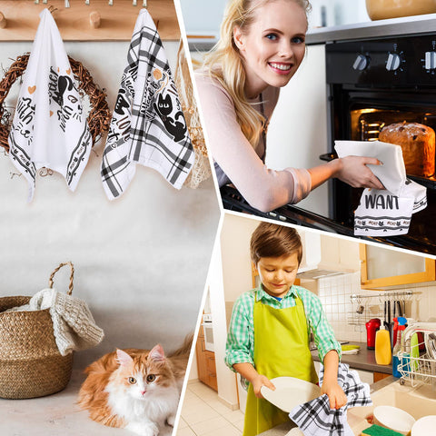 Toallas Redbaker con gato negro, útiles en cocinas y baños.