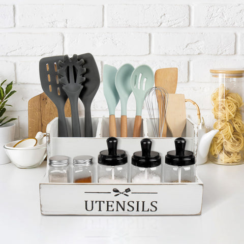RedCall organizador de utensilios en madera, grano visible y estilo rústico.