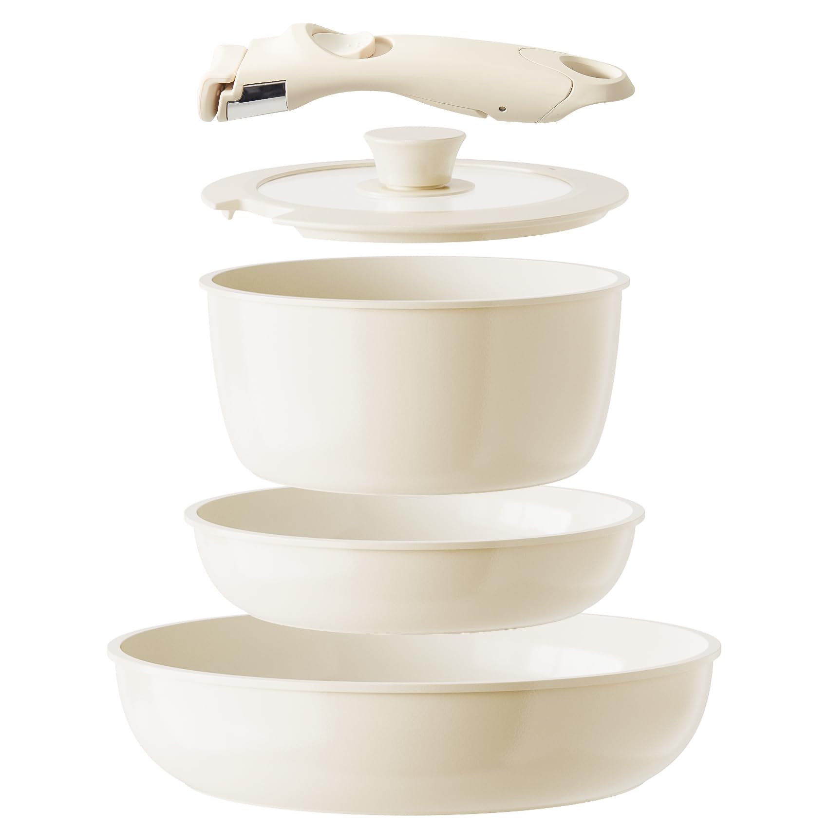 Redchef ollas y sartenes cerámica con mango removible para almacenamiento compacto.
