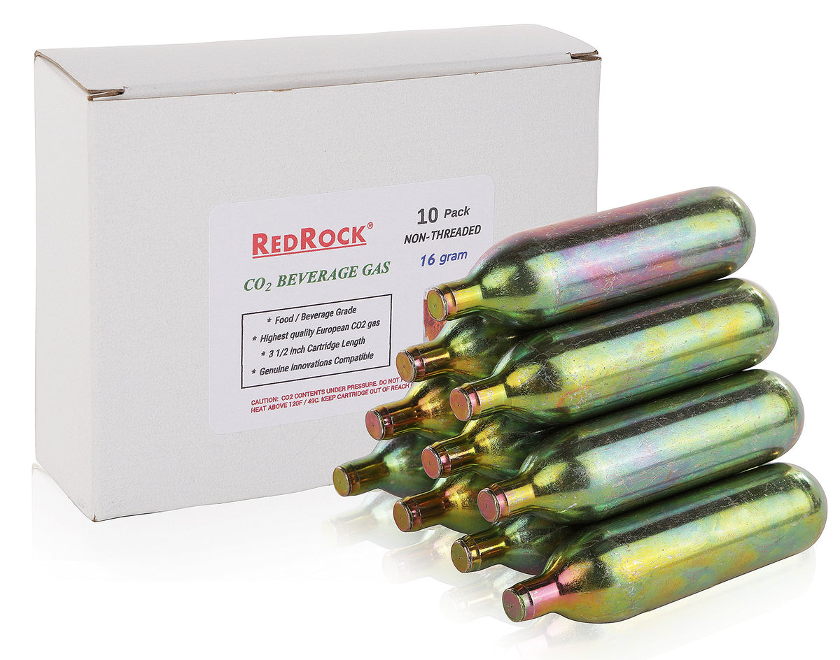 Cartuchos de CO2 RedRock 16 g sin rosca para bebidas, garantizando frescura y consistencia