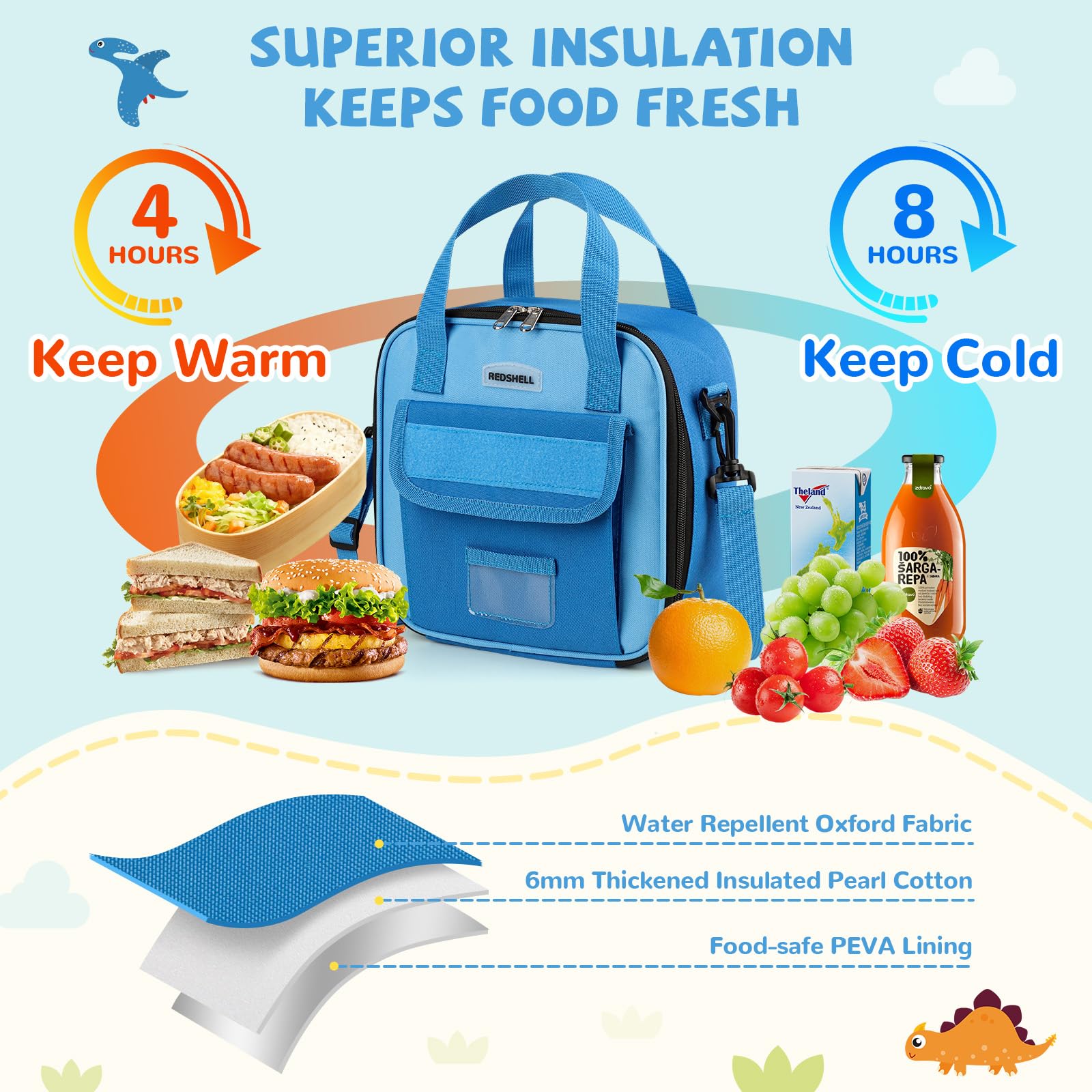 REDSHELL Almuerzo Niños, correa ajustable para llevar como bandolera o bolso.