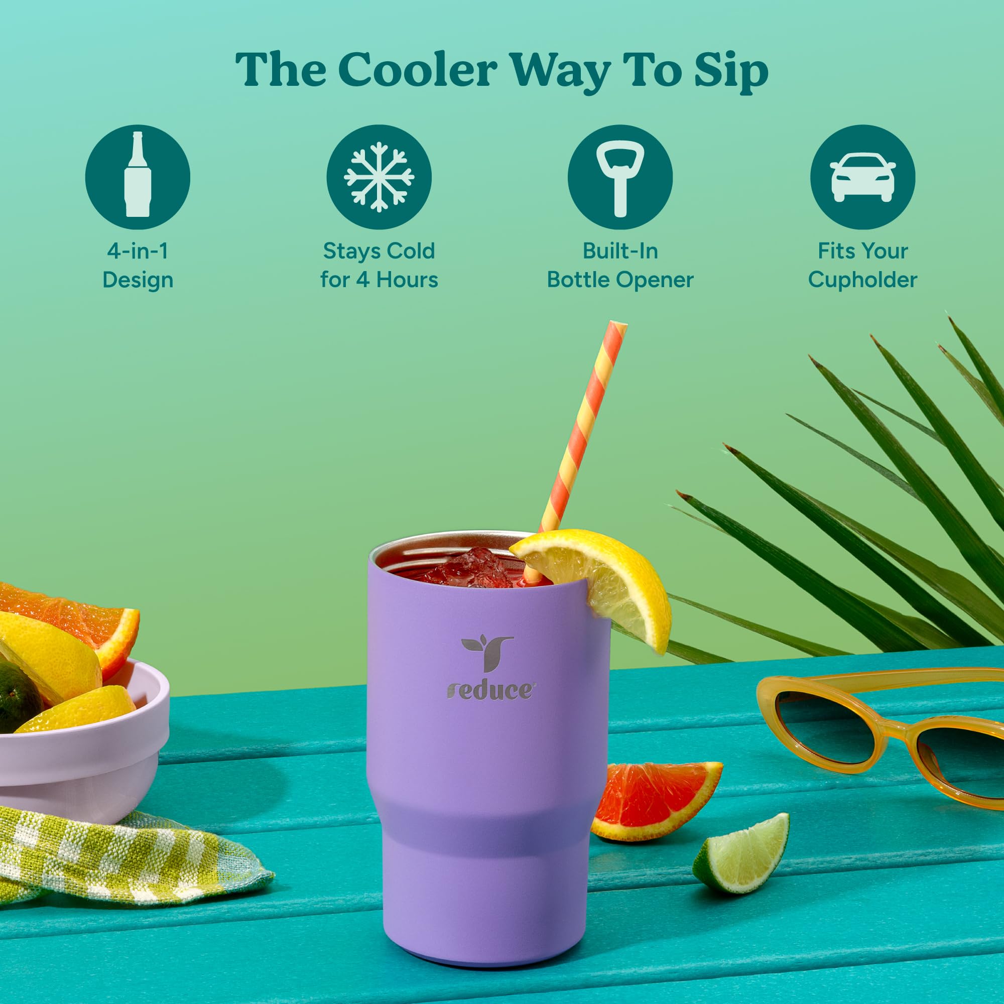 REDUCE 4-en-1 enfriador de bebidas, vista lateral, se adapta a latas y botellas para reuniones.