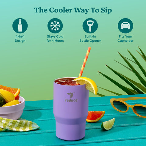 REDUCE 4-en-1 enfriador de bebidas, vista lateral, se adapta a latas y botellas para reuniones.
