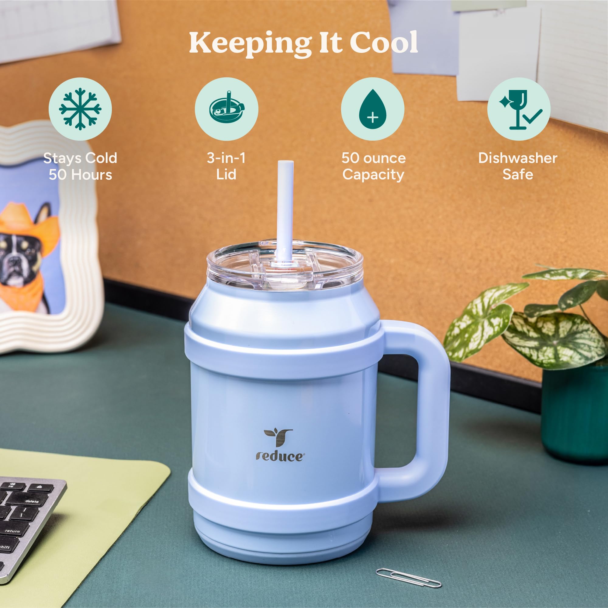 REDUCE 50 onzas Cold1 tapa y pajilla 3-en-1 facilitan beber sin interrupciones.