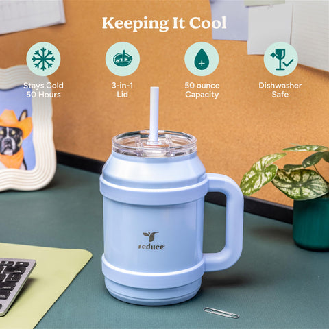 REDUCE 50 onzas Cold1 tapa y pajilla 3-en-1 facilitan beber sin interrupciones.