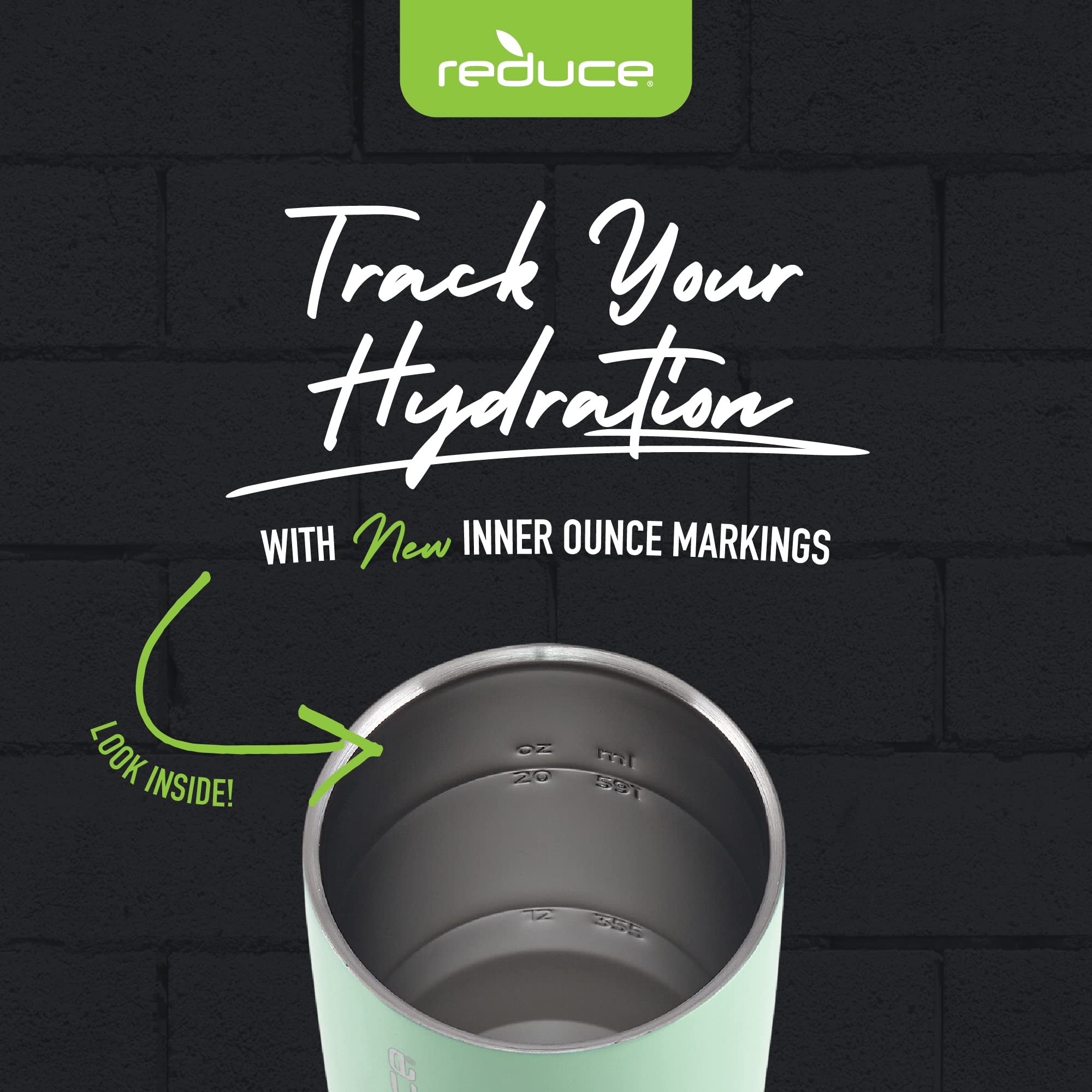 REDUCE Cold1 tumbler con marcas de onzas internas para medir hidratación diaria.