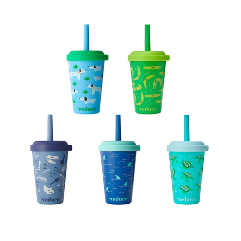 Vaso portátil REDUCE GoGo’s para niños con tapa anti-derrame, ideal para viajes.