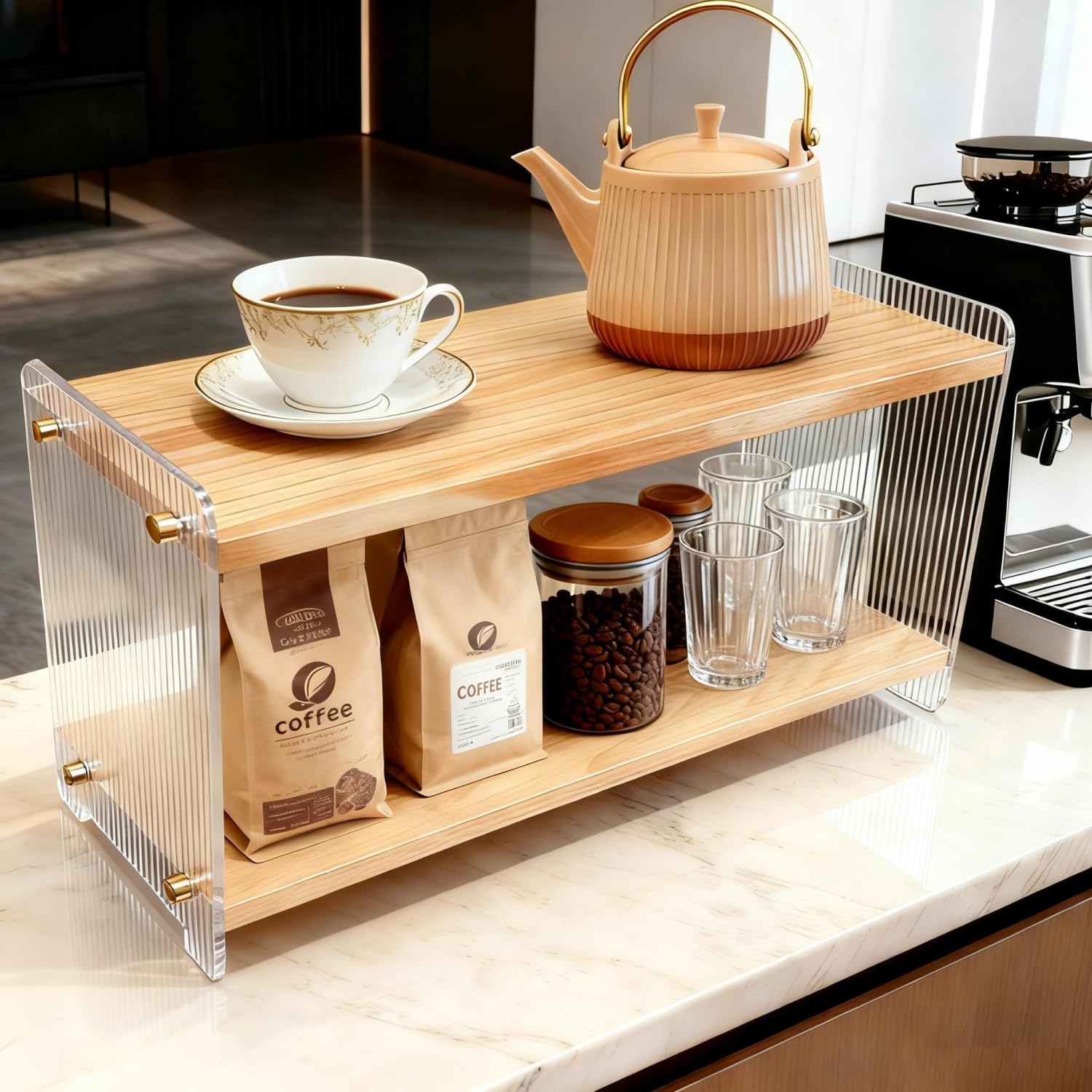 ReeGii estacin de cafe9, vista frontal para tazas y frascos, estilo pre1ctico.