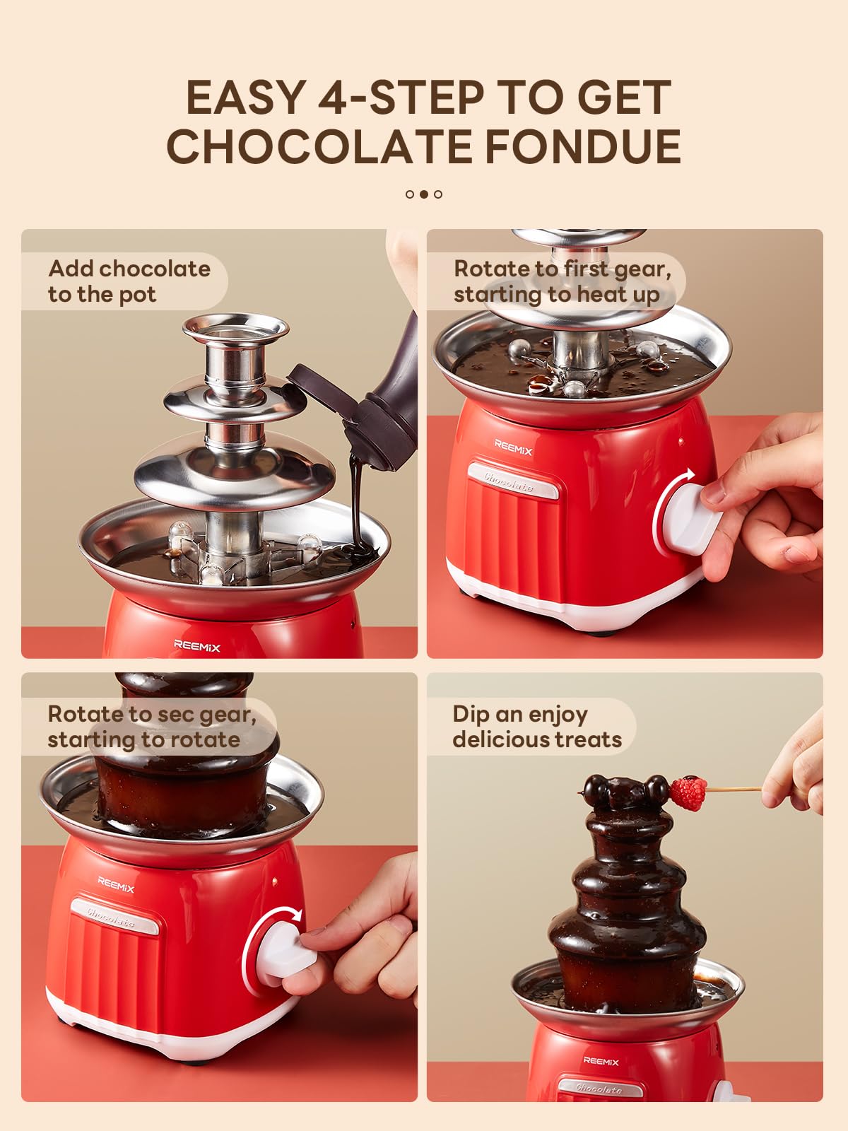 Base caliente Reemix mantiene el chocolate sedoso para servir.