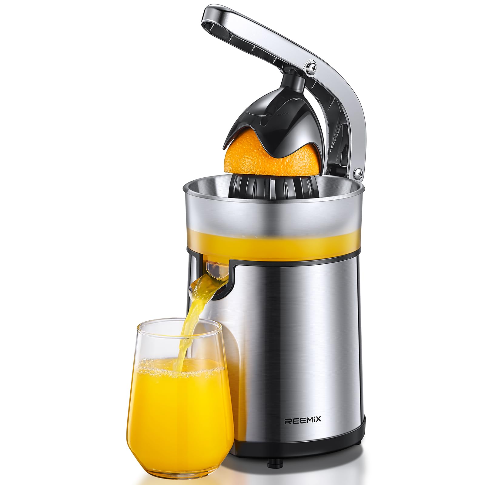 Reemix Exprimidor Eléctrico, cuerpo de acero inoxidable para jugos frescos y duraderos.
