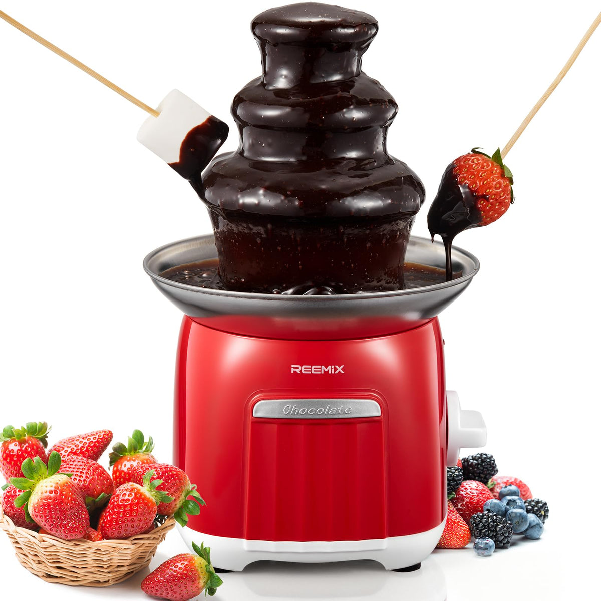 Fuente de chocolate eléctrica Reemix de tres niveles, ideal para fiestas y eventos.