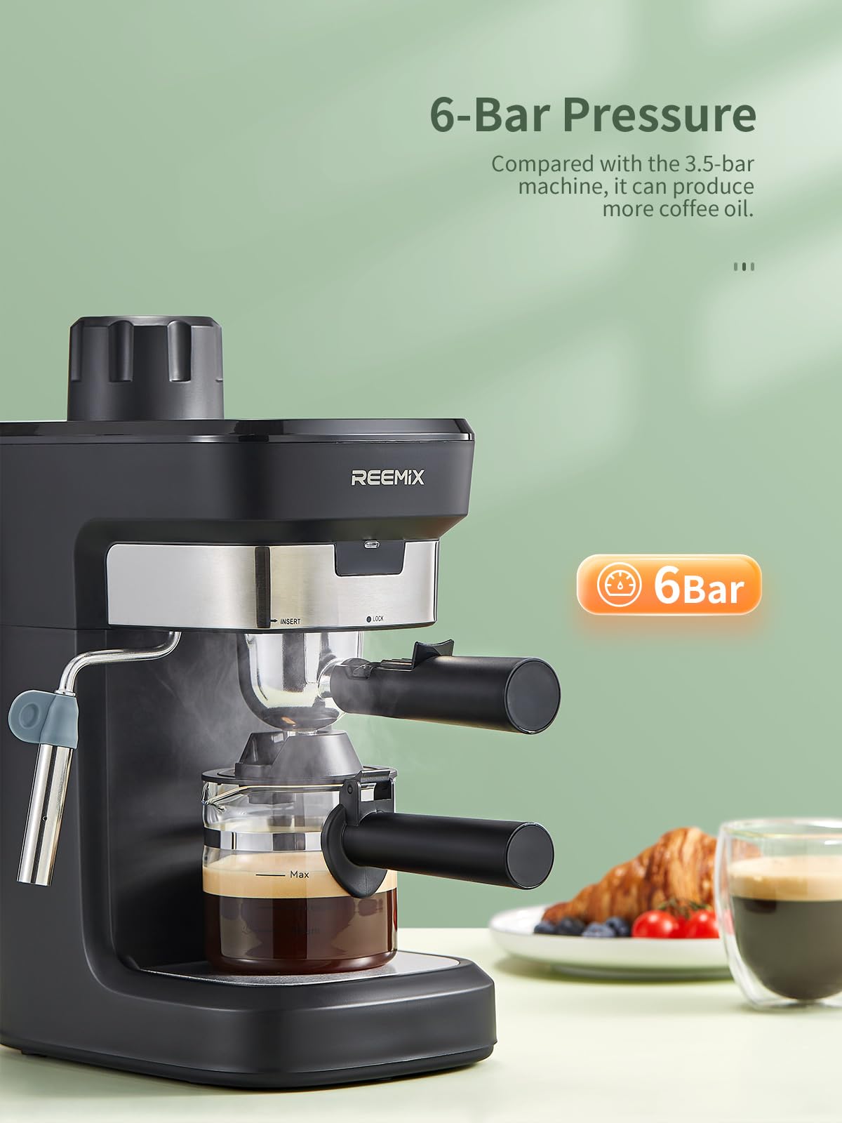 Reemix Máquina de Espresso 6 Bar, detalle crema dorada para un sabor intenso.