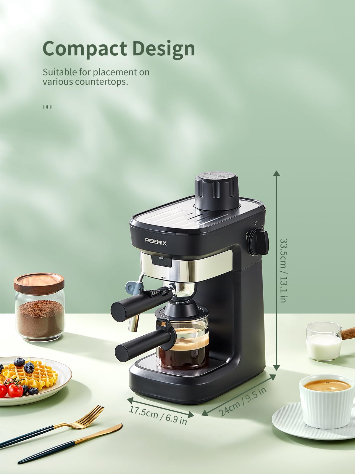 Reemix Máquina de Espresso 6 Bar, diseño compacto para cocinas pequeñas.