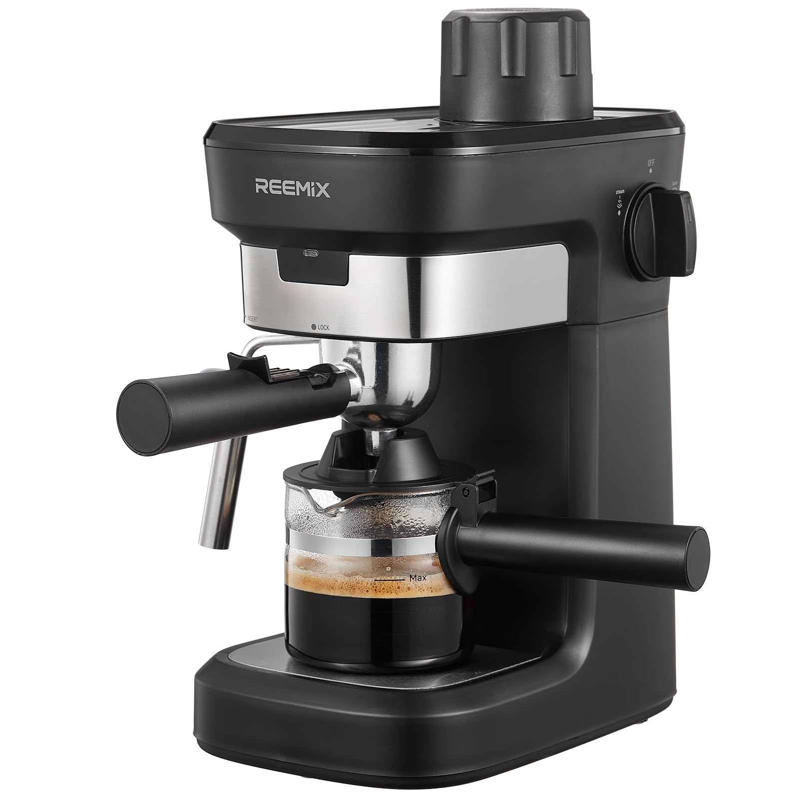 Reemix Máquina de Espresso 6 Bar, vista frontal negra, ideal para cocinas modernas.