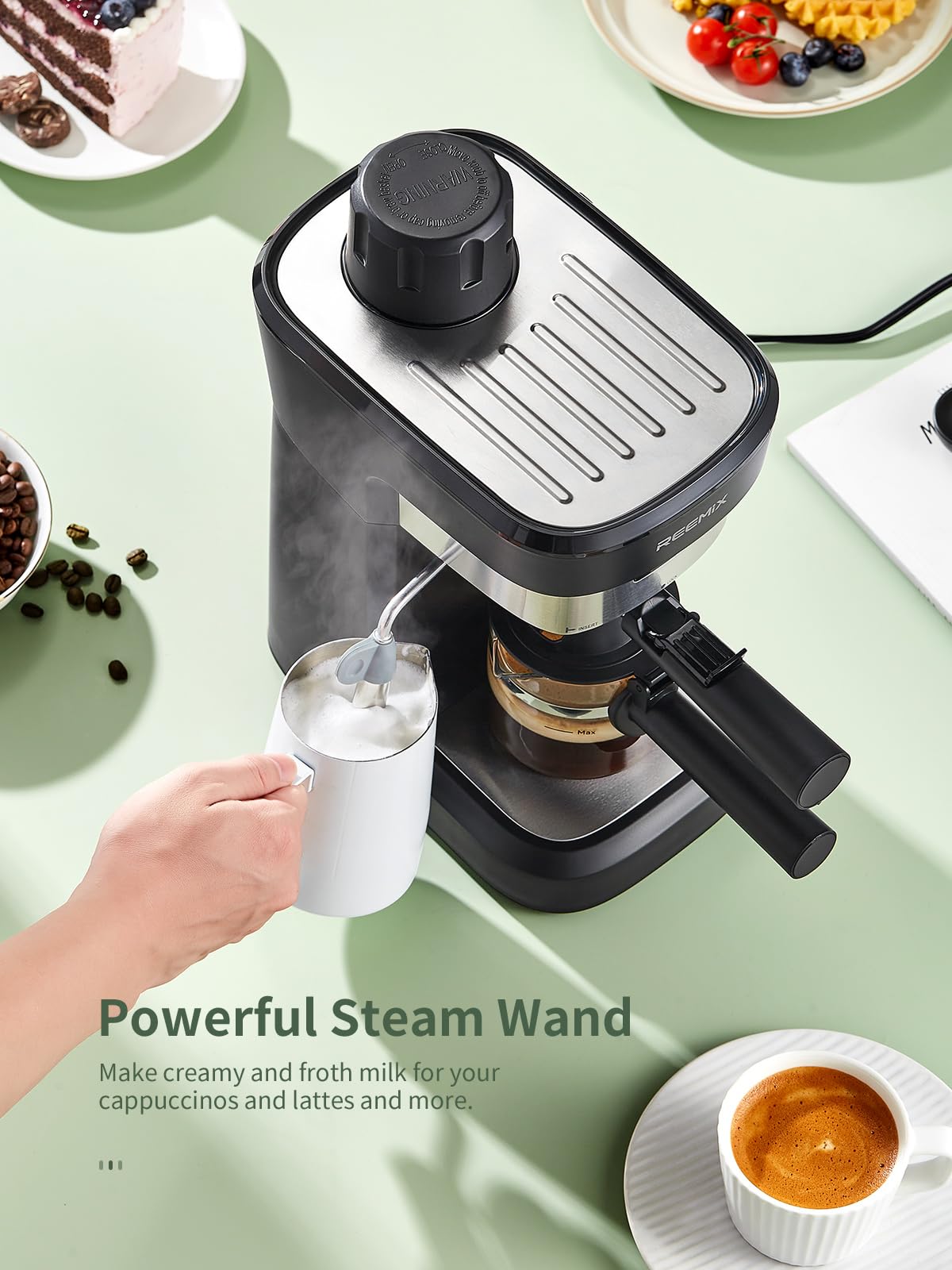 Reemix Máquina de Espresso 6 Bar, taza lista para saborear en casa.