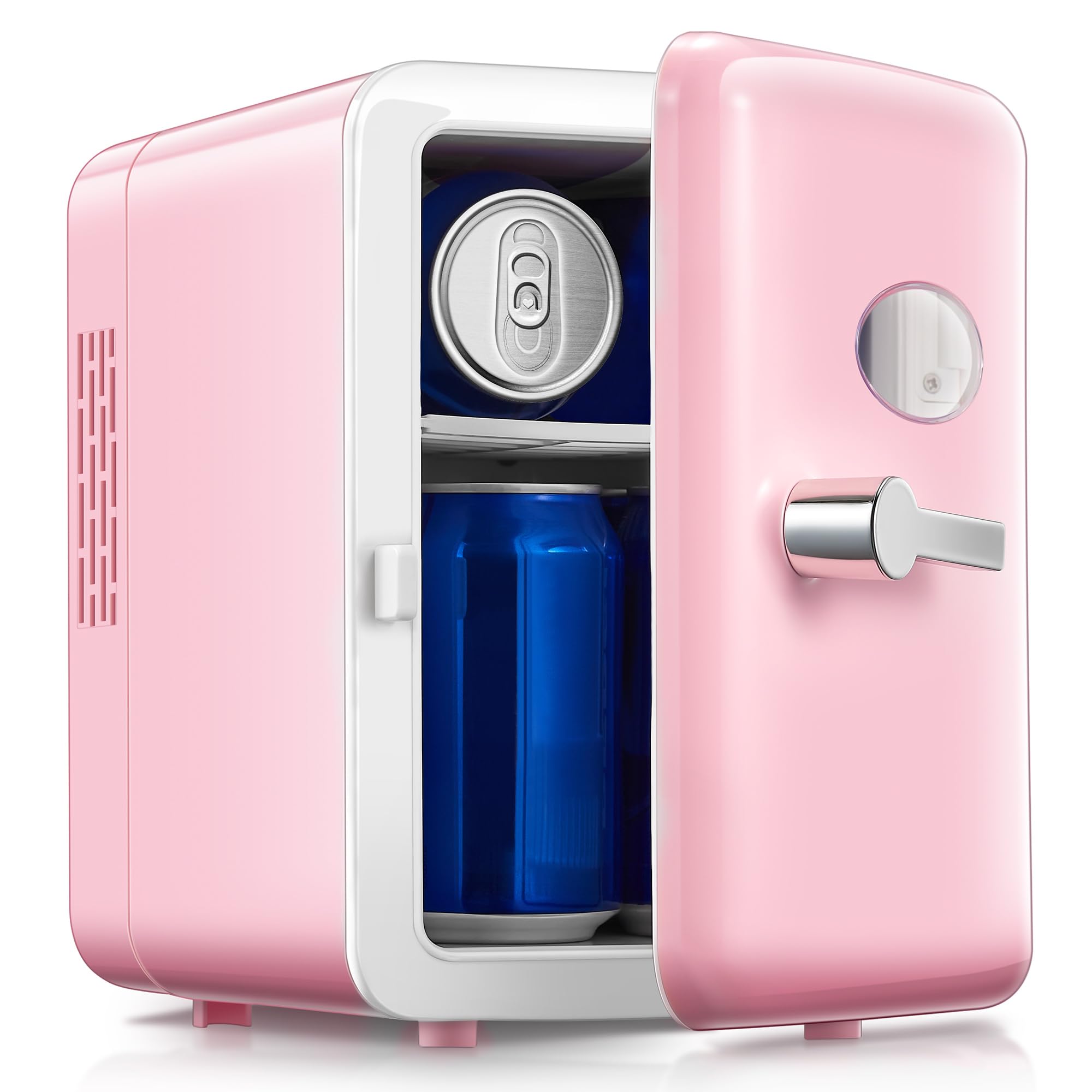 Nevera portátil Reemix retro frente rosa, ideal para bebidas y cosméticos.
