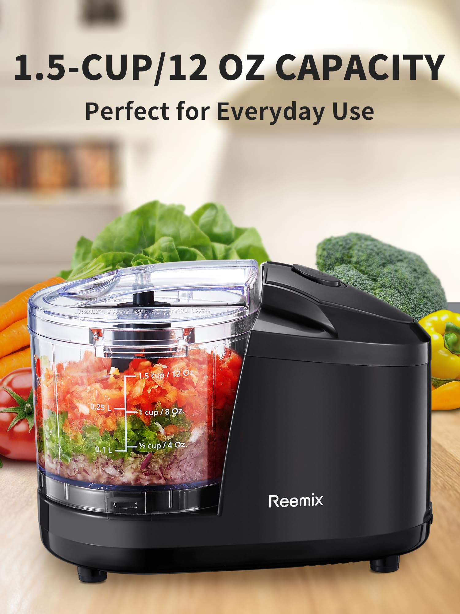 Reemix picadora 1.5 tazas, cuchilla acero inoxidable para picar fino.