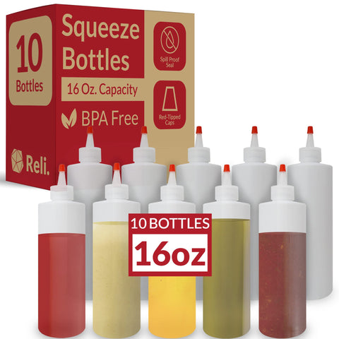 Botellas dispensadoras Reli de 16 onzas con tapa roja para evitar derrames en condimentos.