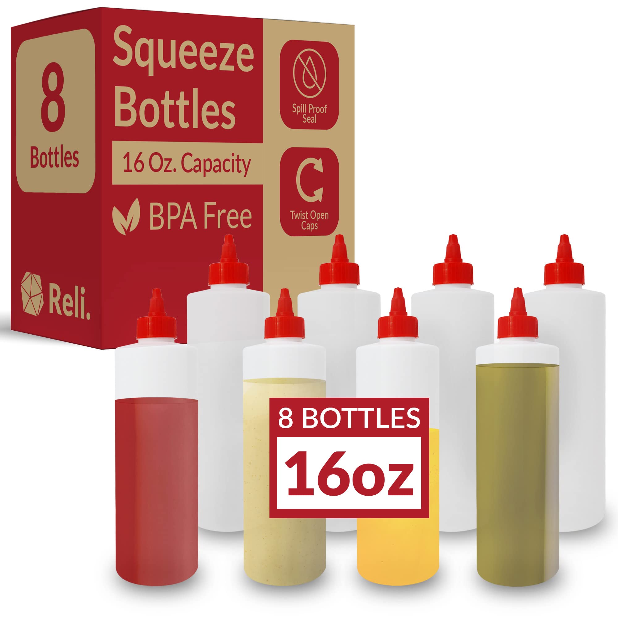 Reli botellas de plástico de 16 onzas para condimentos, tapa roja para dosificación