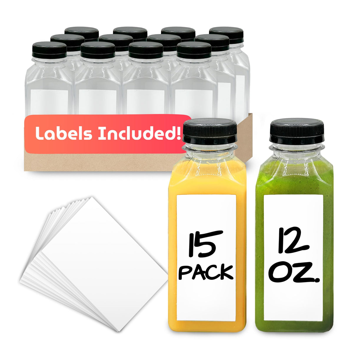 Reli botellas de zumo plástico 12oz cuadradas con tapas, ideales para jugos caseros.