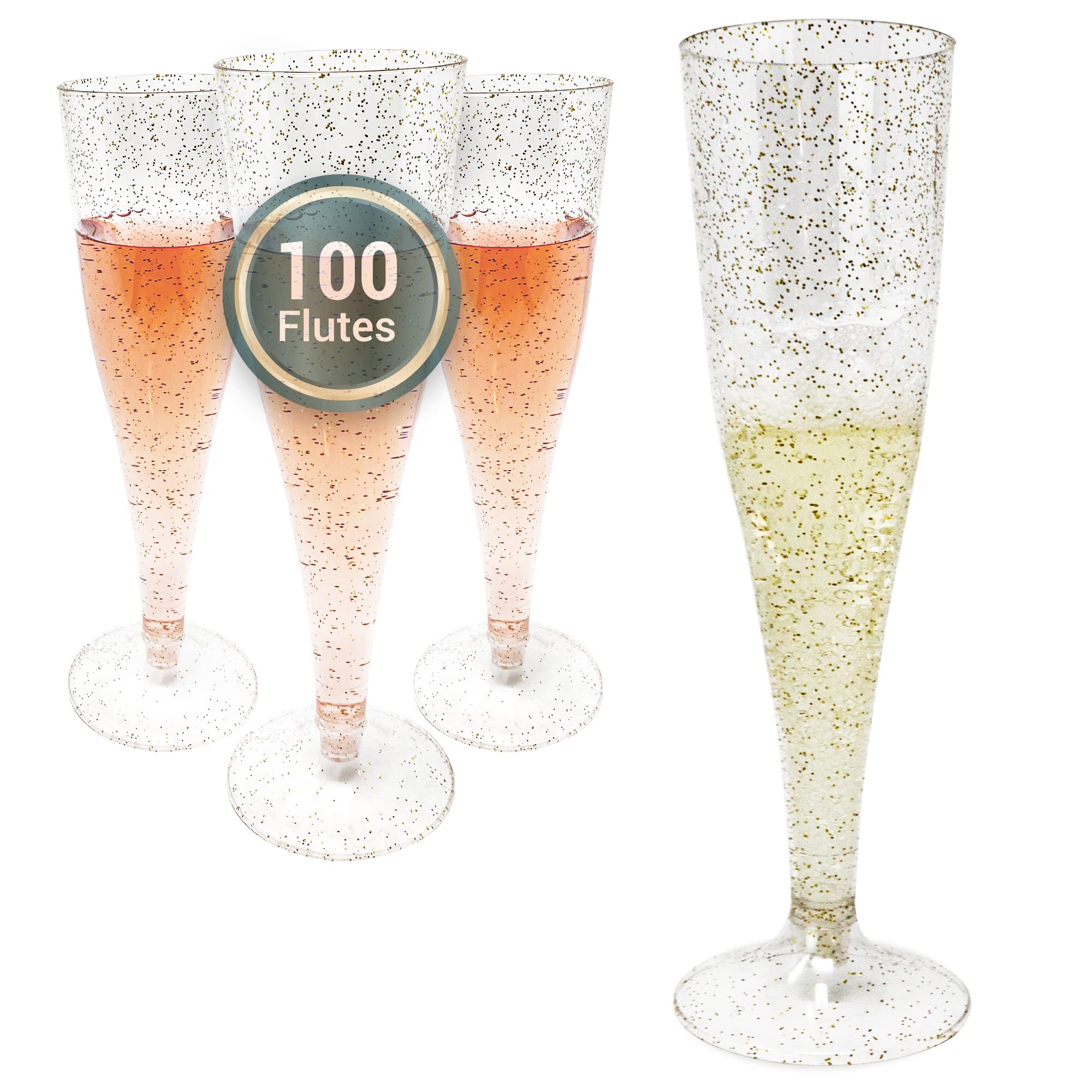 Reli. Copas de champán de plástico con brillo dorado, paquete de 100, para fiestas.