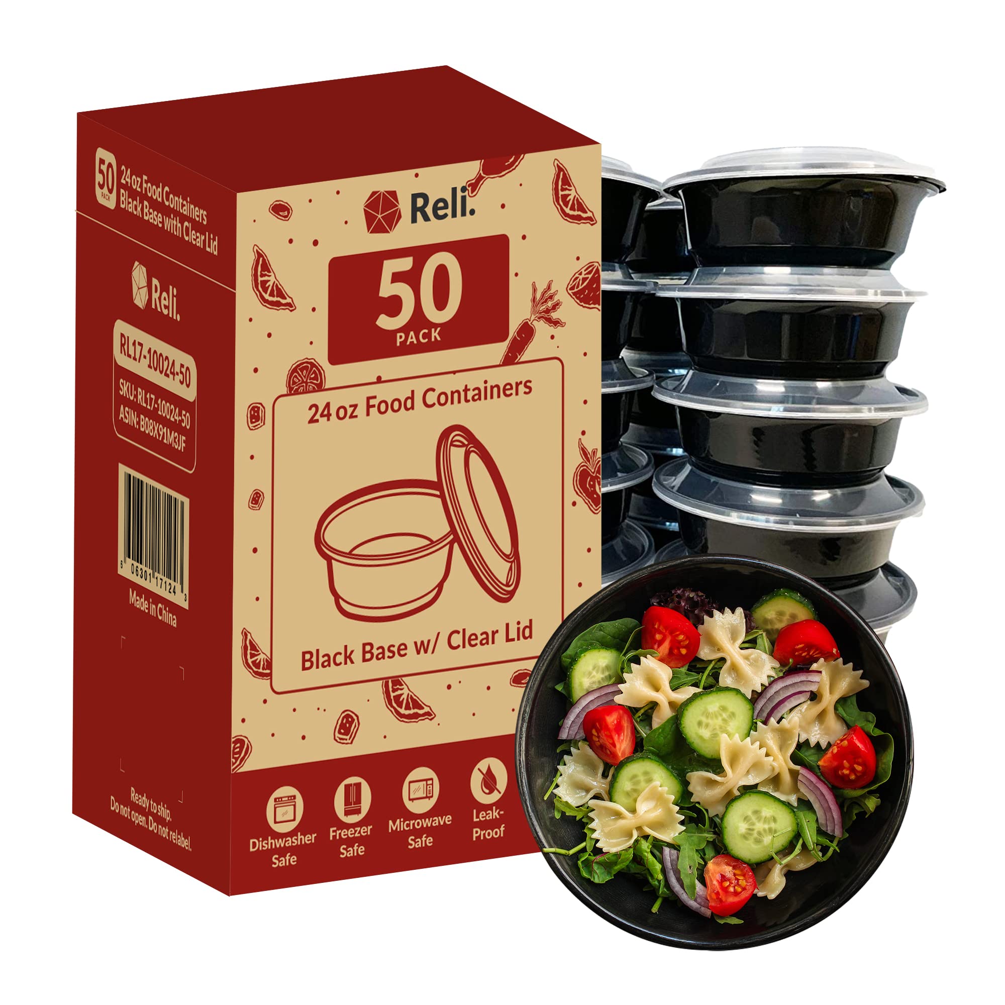 Reli contenedores para preparación de comidas de 24 oz, apilables y con tapa para llevar.